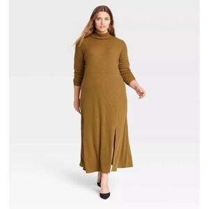 Stretch Ribbed Lettuce Mock Neck Long Sleeve Maxi Dress Peasant‎ Cottagecore XXL